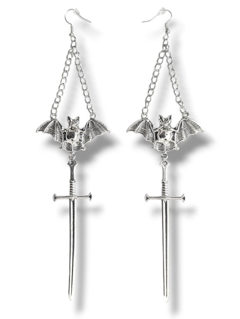NWT Extra Long Handmade Silver Bat Chain and Sword Earrings